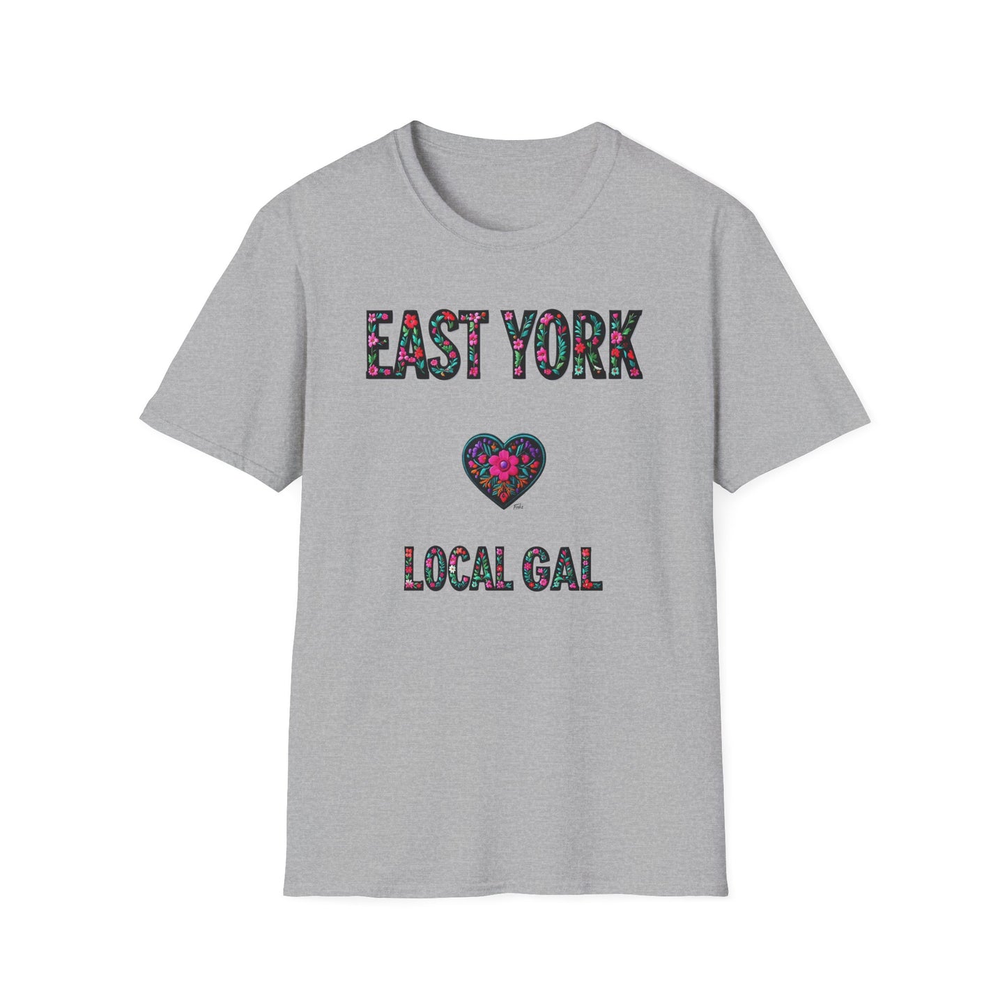 East York Local Gal Flower-Heart T-Shirt, c06-n02-s005 Softstyle Graphic Tee, Unisex Casual Wear, Support Local Merch, Gift for Community Lovers, Finkz WINDSOR