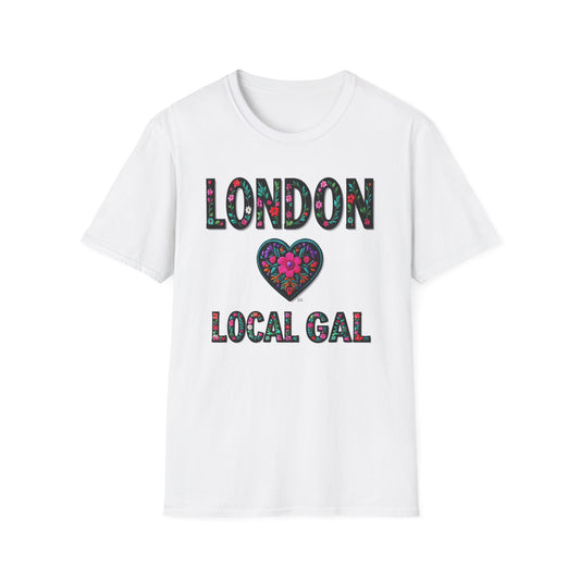 London Local Gal Flower-Heart T-Shirt, c02-n00-s005 Softstyle Graphic Tee, Unisex Casual Wear, Support Local Merch, Gift for Community Lovers, Finkz WINDSOR