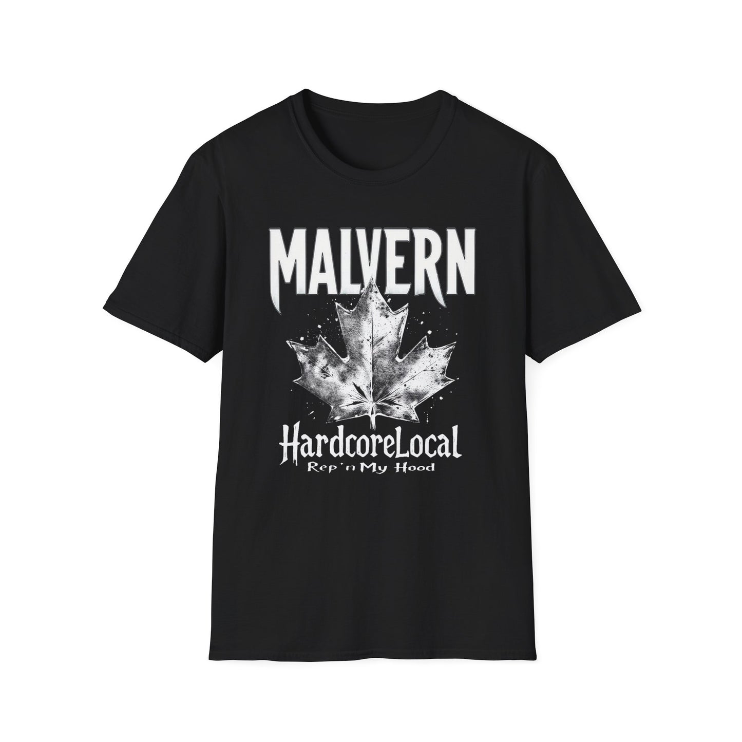 Malvern Hardcore Rep'n White Leaf T-Shirt, c006-n04-s007 Softstyle Graphic Tee, Unisex Casual Wear, Support'n Locals Merch, Gift for Community Lovers.