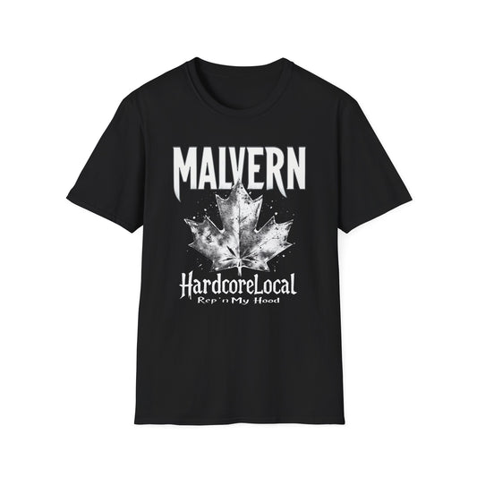 Malvern Hardcore Rep'n White Leaf T-Shirt, c006-n04-s007 Softstyle Graphic Tee, Unisex Casual Wear, Support'n Locals Merch, Gift for Community Lovers.
