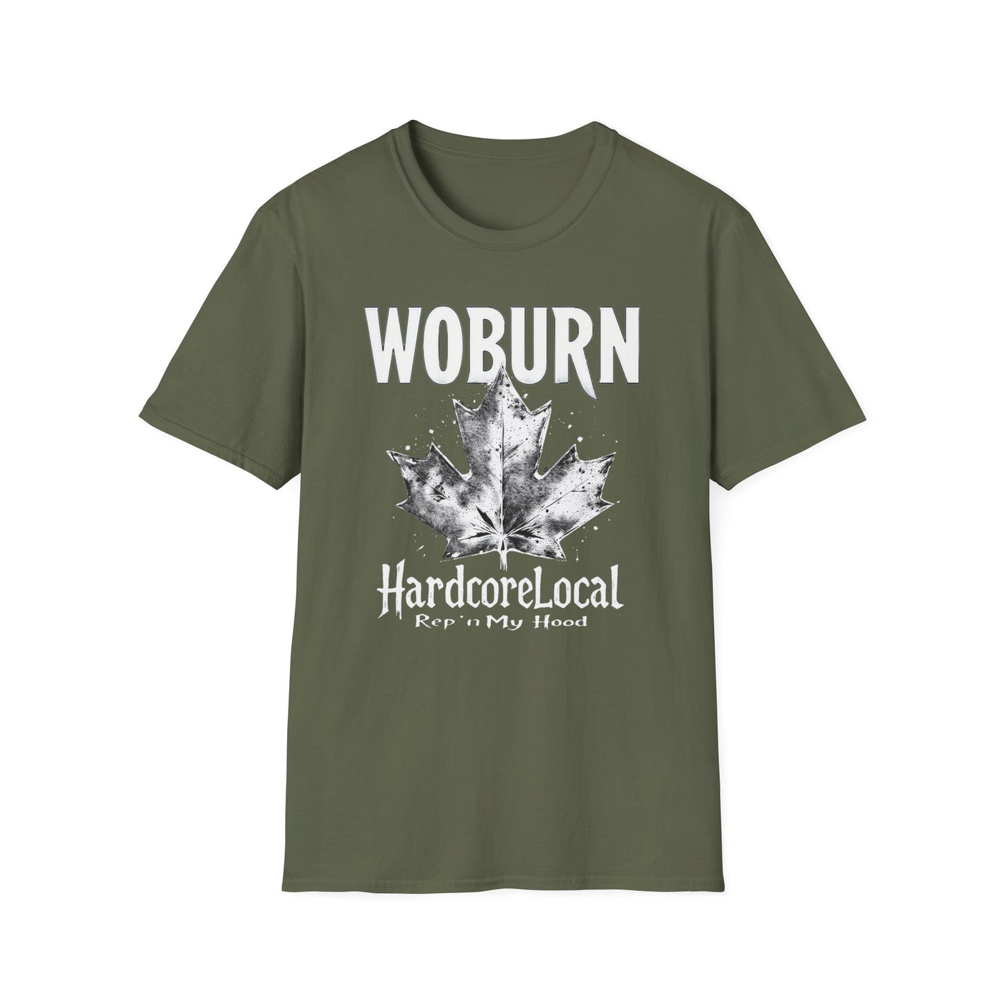 Woburn Hardcore Rep'n White Leaf T-Shirt, c006-n06-s007 Softstyle Graphic Tee, Unisex Casual Wear, Support'n Locals Merch, Gift for Community Lovers.