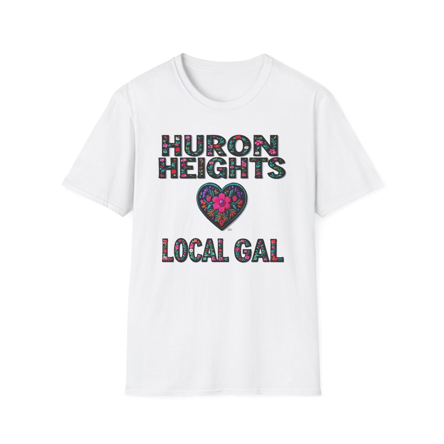 Huron Heights Local Gal Flower-Heart T-Shirt, c02-n01-s005 Softstyle Graphic Tee, Unisex Casual Wear, Support Local Merch, Gift for Community Lovers, Finkz WINDSOR