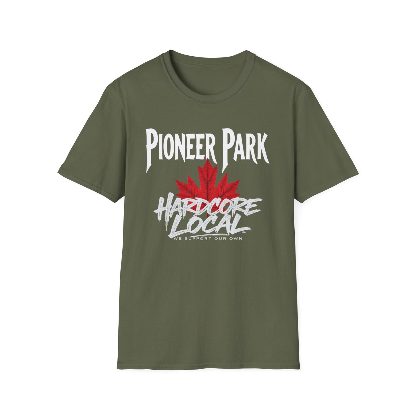 Pioneer Park Hardcore We Support Our Own Red Leaf T-Shirt, c03-n08-s006 Softstyle Graphic Tee, Unisex Casual Wear, Support'n Locals Merch, Gift for Community Lovers.