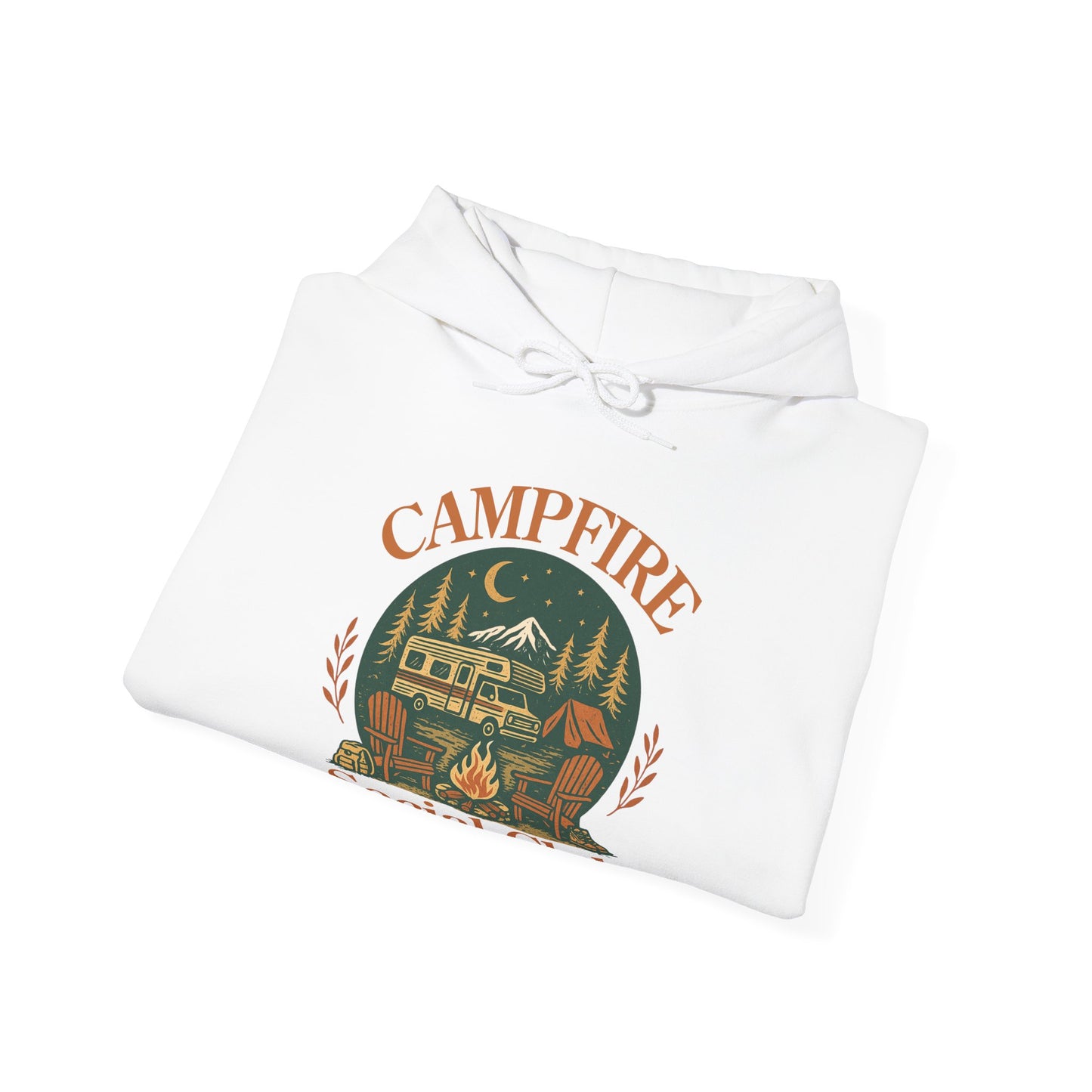 Campfire Social Club Hoodie | HappyCamperCrew.Com 100% Authentic | Cozy Camping Hoodie | Unisex Hooded Sweatshirt for Nature Lovers, Casual Wear, Gift for Him/Her, Outdoor Adventures, Cozy Days & Warm Nights By The Campfire