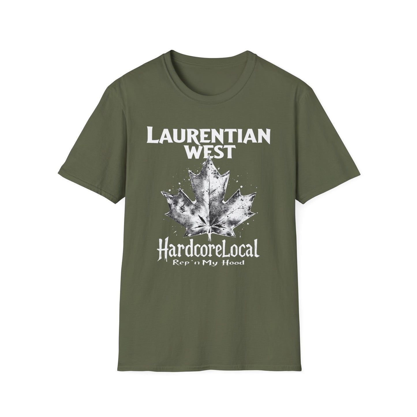 Laurentian West Hardcore Rep'n White Leaf T-Shirt, c003-n07-s007 Softstyle Graphic Tee, Unisex Casual Wear, Support'n Locals Merch, Gift for Community Lovers.