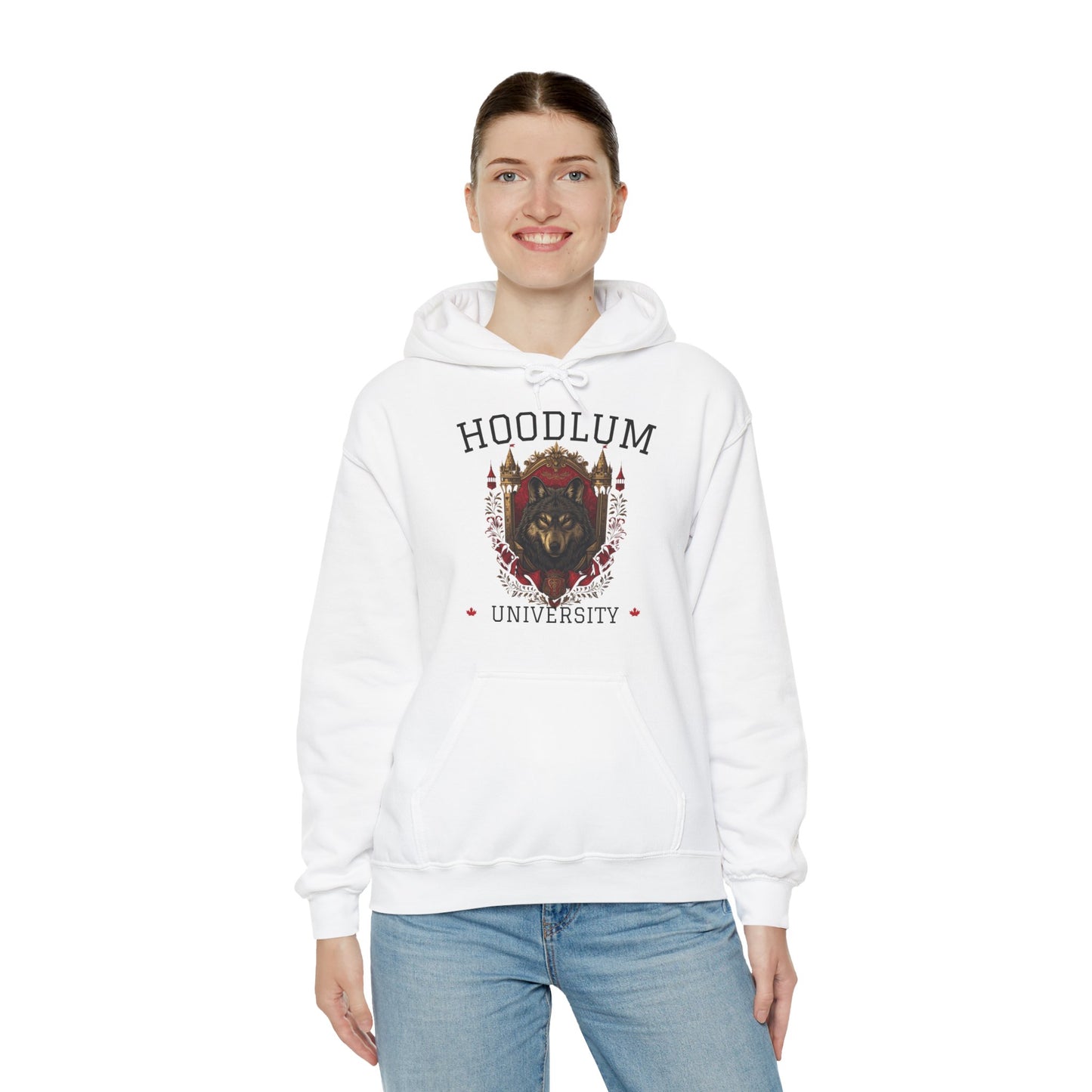 Hoodlum University White Cozy Hoodie Wolf | Unisex Sweatshirt for Nature Lovers, Casual Wear, Gift for Him/Her, Outdoor Adventures, Cozy Days Canada Patriotic