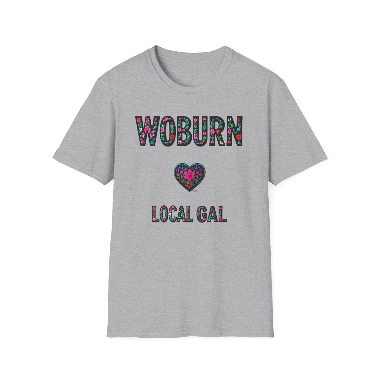 Woburn Local Gal Flower-Heart T-Shirt, c06-n06-s005 Softstyle Graphic Tee, Unisex Casual Wear, Support Local Merch, Gift for Community Lovers, Finkz WINDSOR