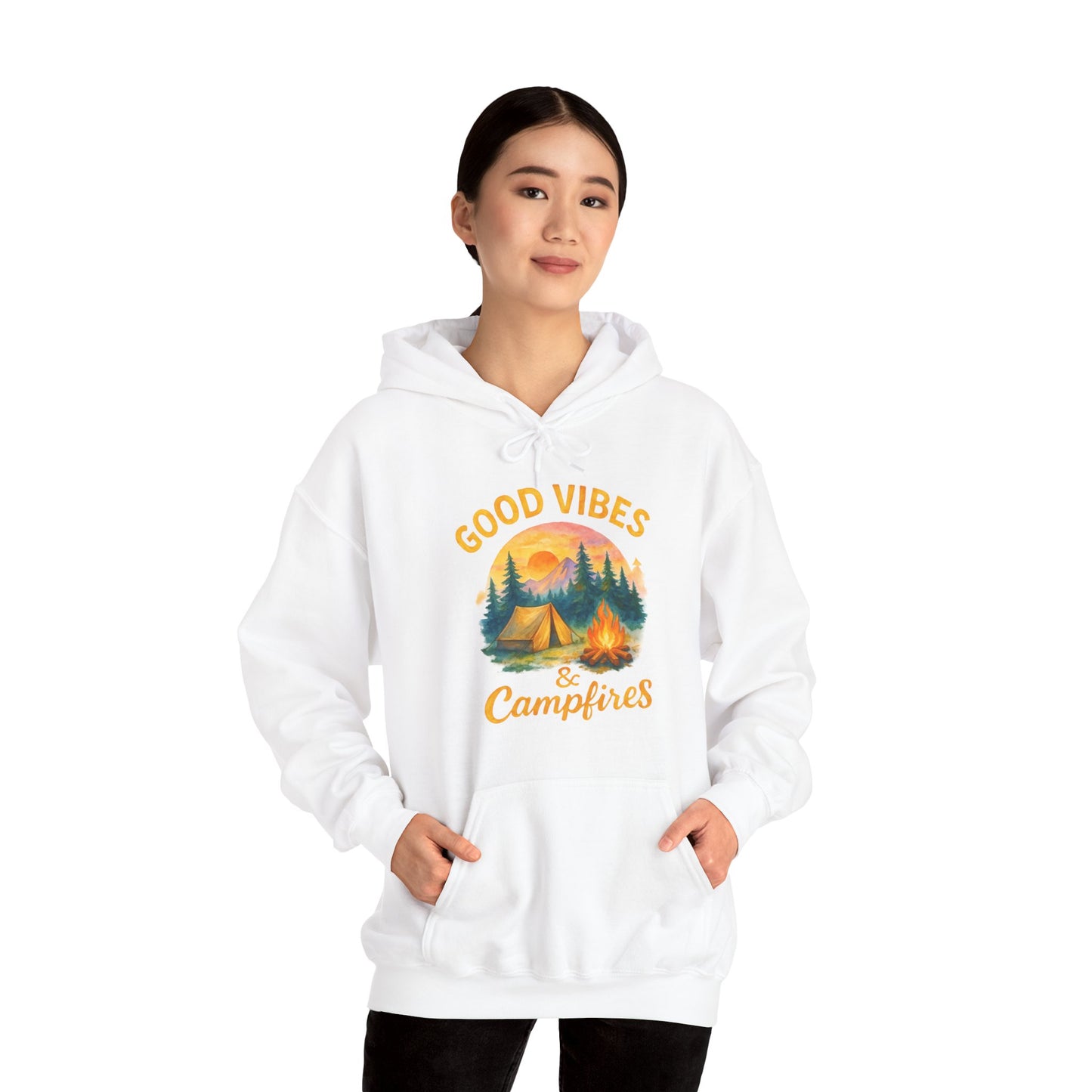 Good Vibes and Campfires Hoodie | HappyCamperCrew.Com 100% Authentic | Cozy Camping Hoodie | Unisex Hooded Sweatshirt for Nature Lovers, Casual Wear, Gift for Him/Her, Outdoor Adventures, Cozy Days & Warm Nights by the Campfire
