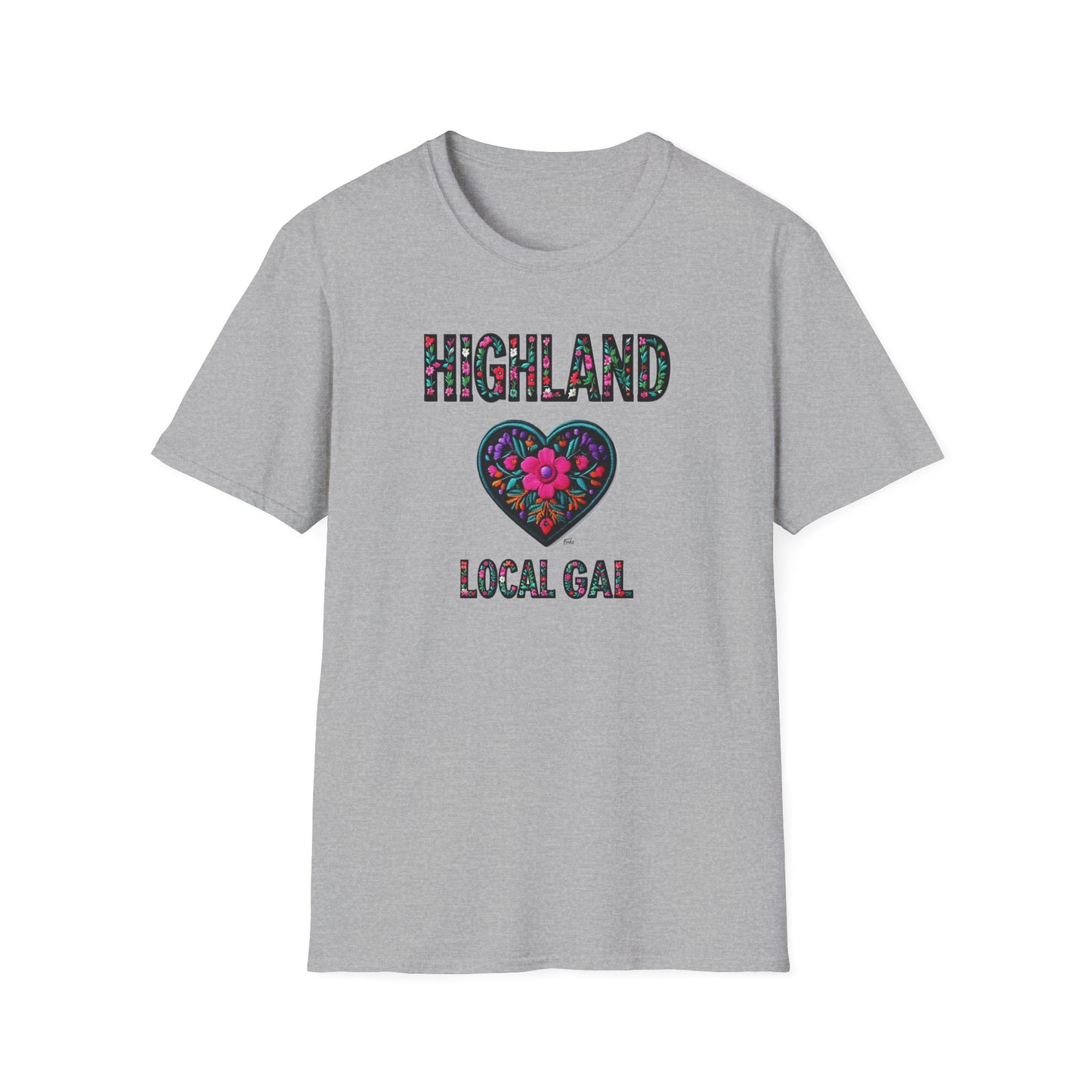 Highland Local Gal Flower-Heart T-Shirt, c02-n05-s05  Softstyle Graphic Tee, Unisex Casual Wear, Support Local Merch, Gift for Community Lovers, Finkz WINDSOR