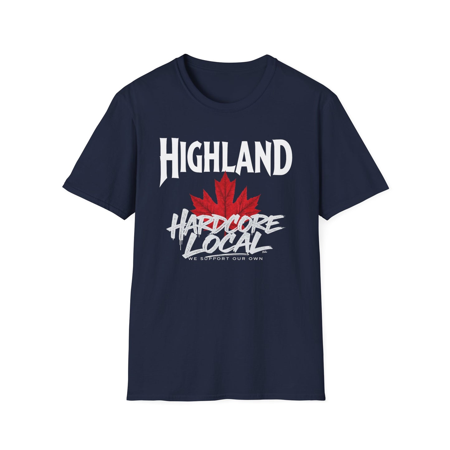 Highland Hardcore We Support Our Own Red Leaf T-Shirt, c02-n05-s006 Softstyle Graphic Tee, Unisex Casual Wear, Support'n Locals Merch, Gift for Community Lovers.