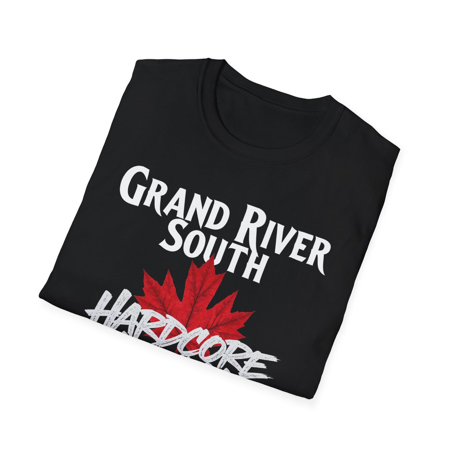 Grand River South Hardcore We Support Our Own Red Leaf T-Shirt, c03-n04-s006 Softstyle Graphic Tee, Unisex Casual Wear, Support'n Locals Merch, Gift for Community Lovers.