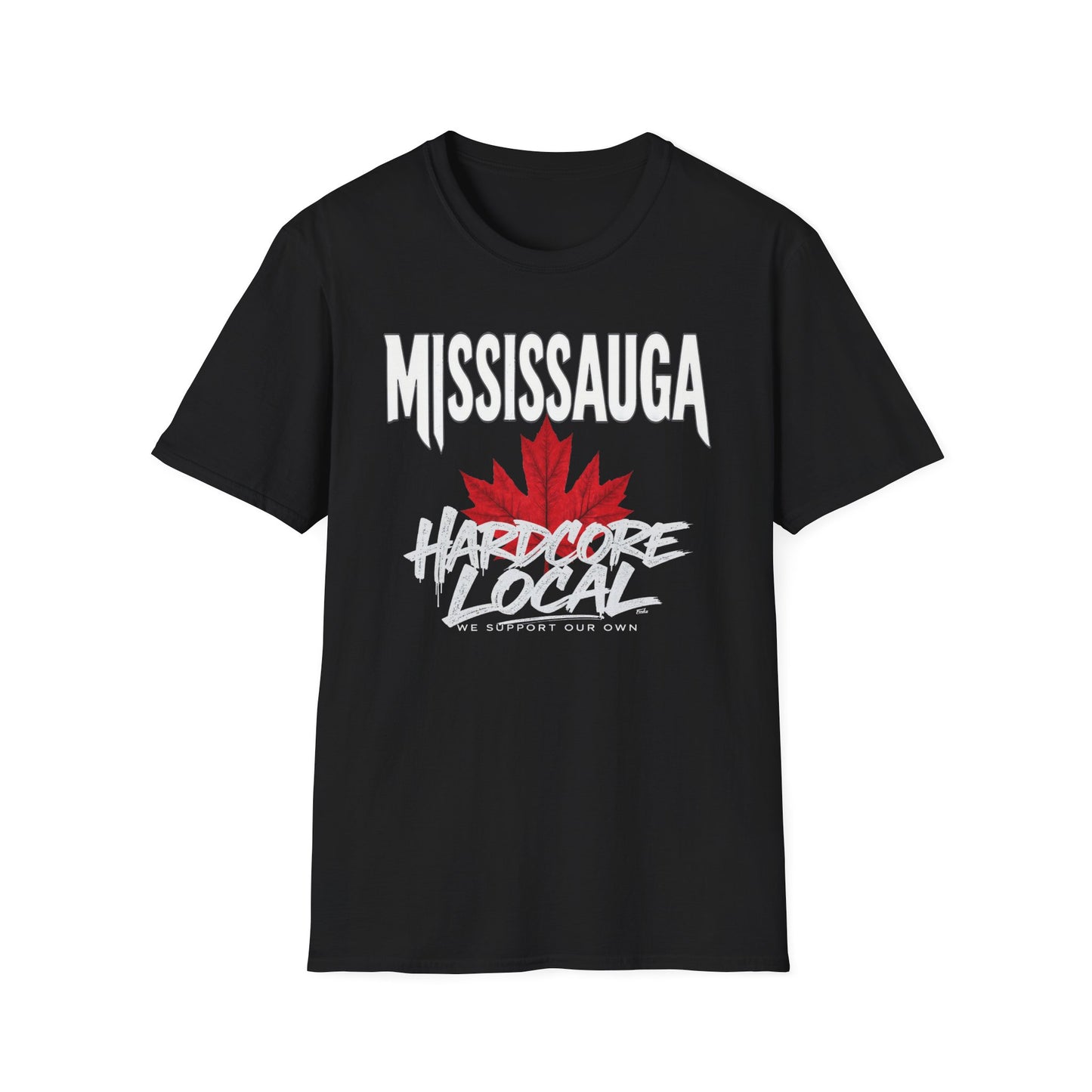 Mississauga Hardcore We Support Our Own Red Leaf T-Shirt, c05-n00-s006 Softstyle Graphic Tee, Unisex Casual Wear, Support'n Locals Merch, Gift for Community Lovers.