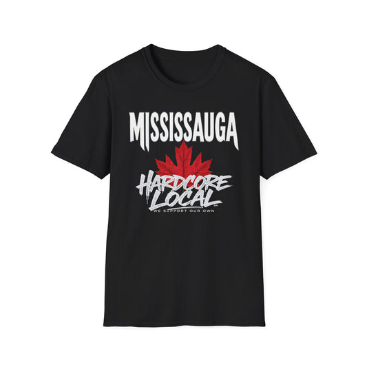 Mississauga Hardcore We Support Our Own Red Leaf T-Shirt, c05-n00-s006 Softstyle Graphic Tee, Unisex Casual Wear, Support'n Locals Merch, Gift for Community Lovers.