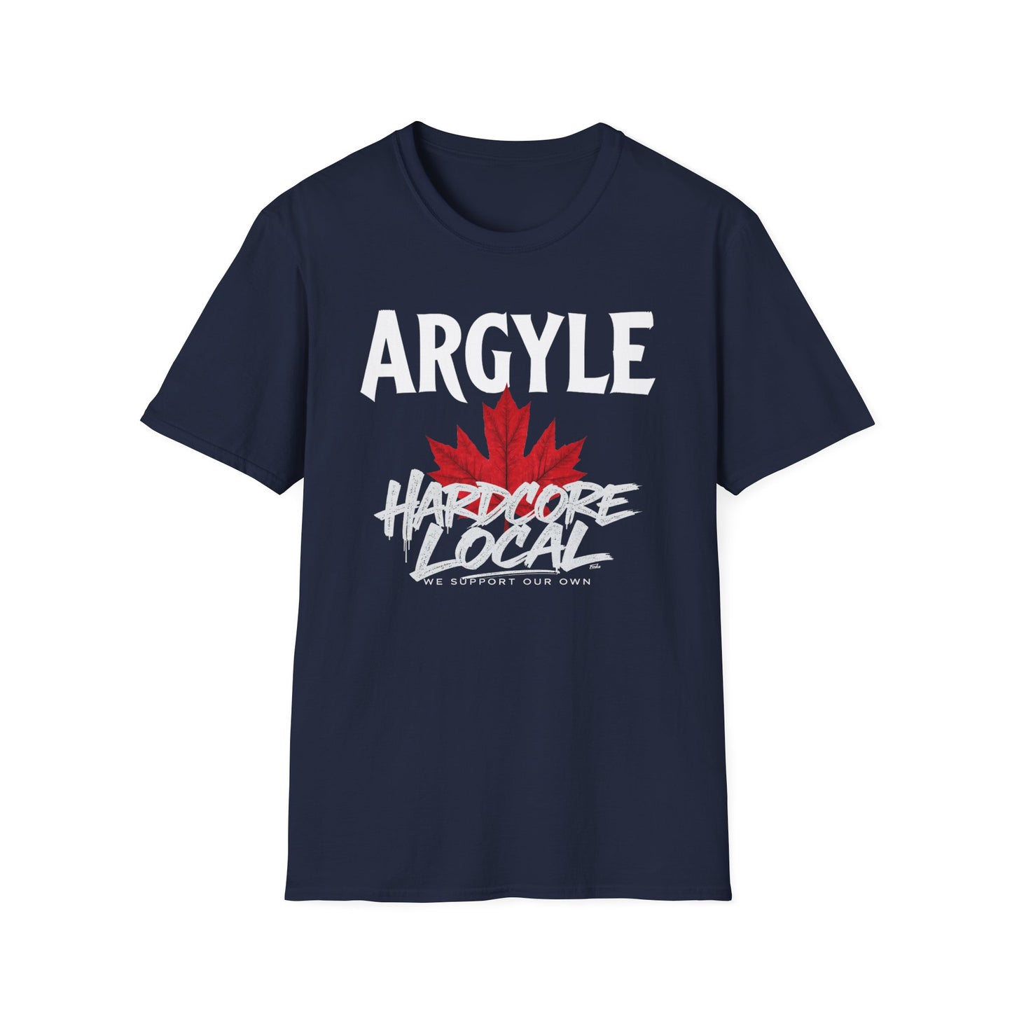 Argyle Hardcore We Support Our Own Red Leaf T-Shirt, c02-n01-s006 Softstyle Graphic Tee, Unisex Casual Wear, Support'n Locals Merch, Gift for Community Lovers.