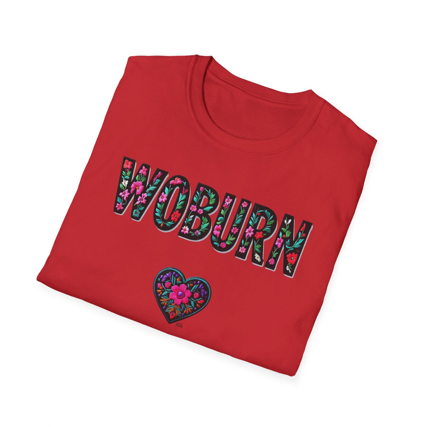 Woburn Local Gal Flower-Heart T-Shirt, c06-n06-s005 Softstyle Graphic Tee, Unisex Casual Wear, Support Local Merch, Gift for Community Lovers, Finkz WINDSOR
