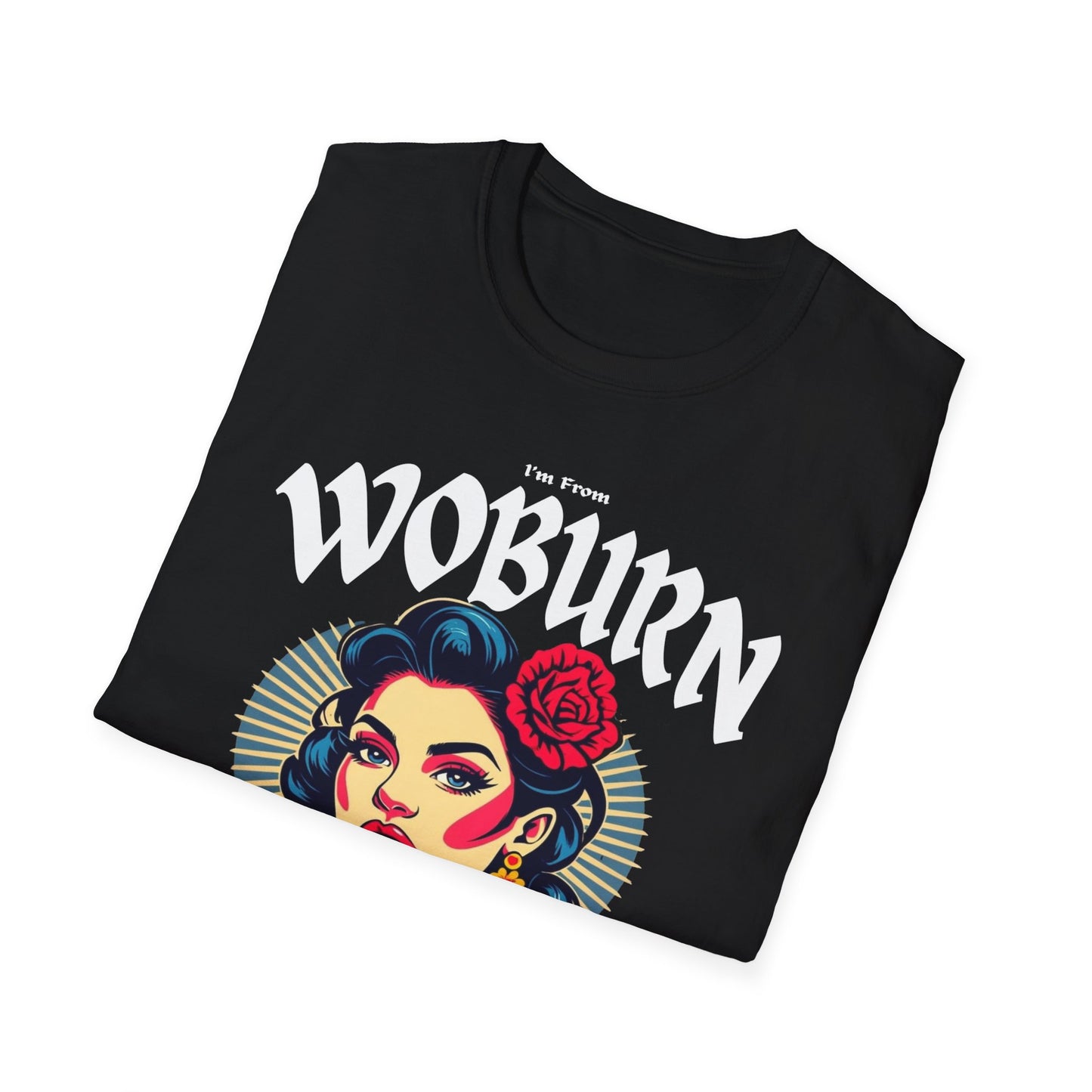 Woburn Underestimate Gal T-Shirt, c06-n06-s001 Softstyle Graphic Tee, Unisex Casual Wear, Support'n Locals Merch, Gift for Community Lovers.