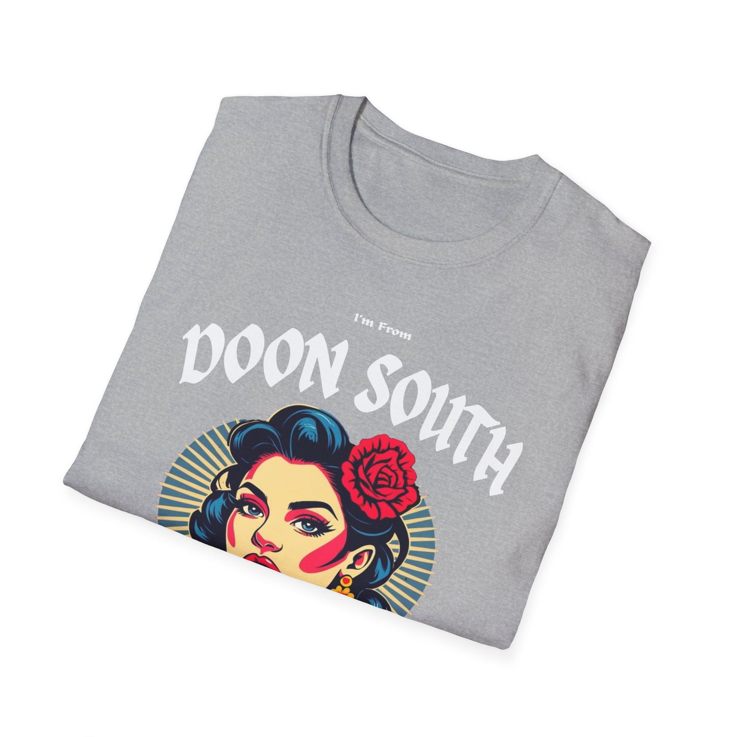 Doon South Underestimate Gal T-Shirt, c03-n02-s001 Softstyle Graphic Tee, Unisex Casual Wear, Support'n Locals Merch, Gift for Community Lovers.
