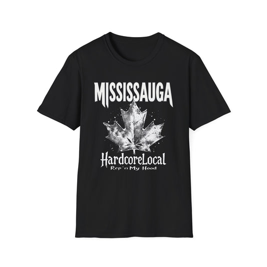 Mississauga Hardcore Rep'n White Leaf T-Shirt, c05-n00-s007 Softstyle Graphic Tee, Unisex Casual Wear, Support'n Locals Merch, Gift for Community Lovers.