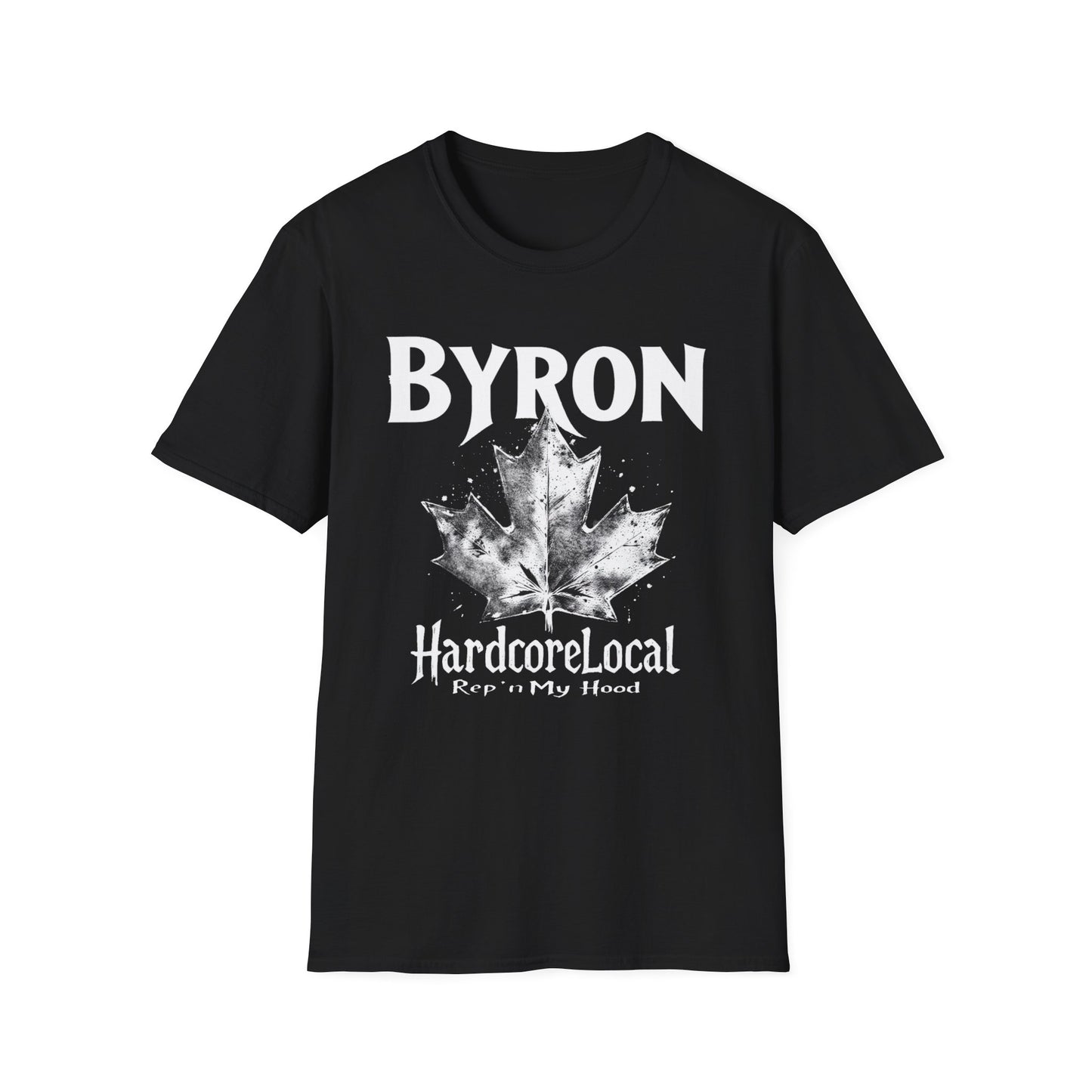 Byron Hardcore Rep'n White Leaf T-Shirt, c02-n02-s007 Softstyle Graphic Tee, Unisex Casual Wear, Support'n Locals Merch, Gift for Community Lovers.