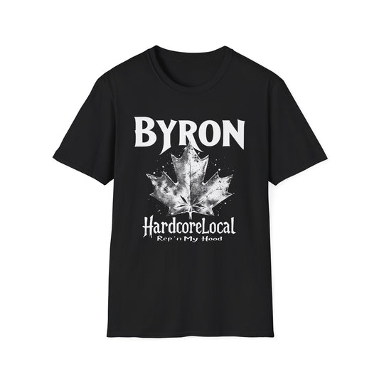 Byron Hardcore Rep'n White Leaf T-Shirt, c02-n02-s007 Softstyle Graphic Tee, Unisex Casual Wear, Support'n Locals Merch, Gift for Community Lovers.