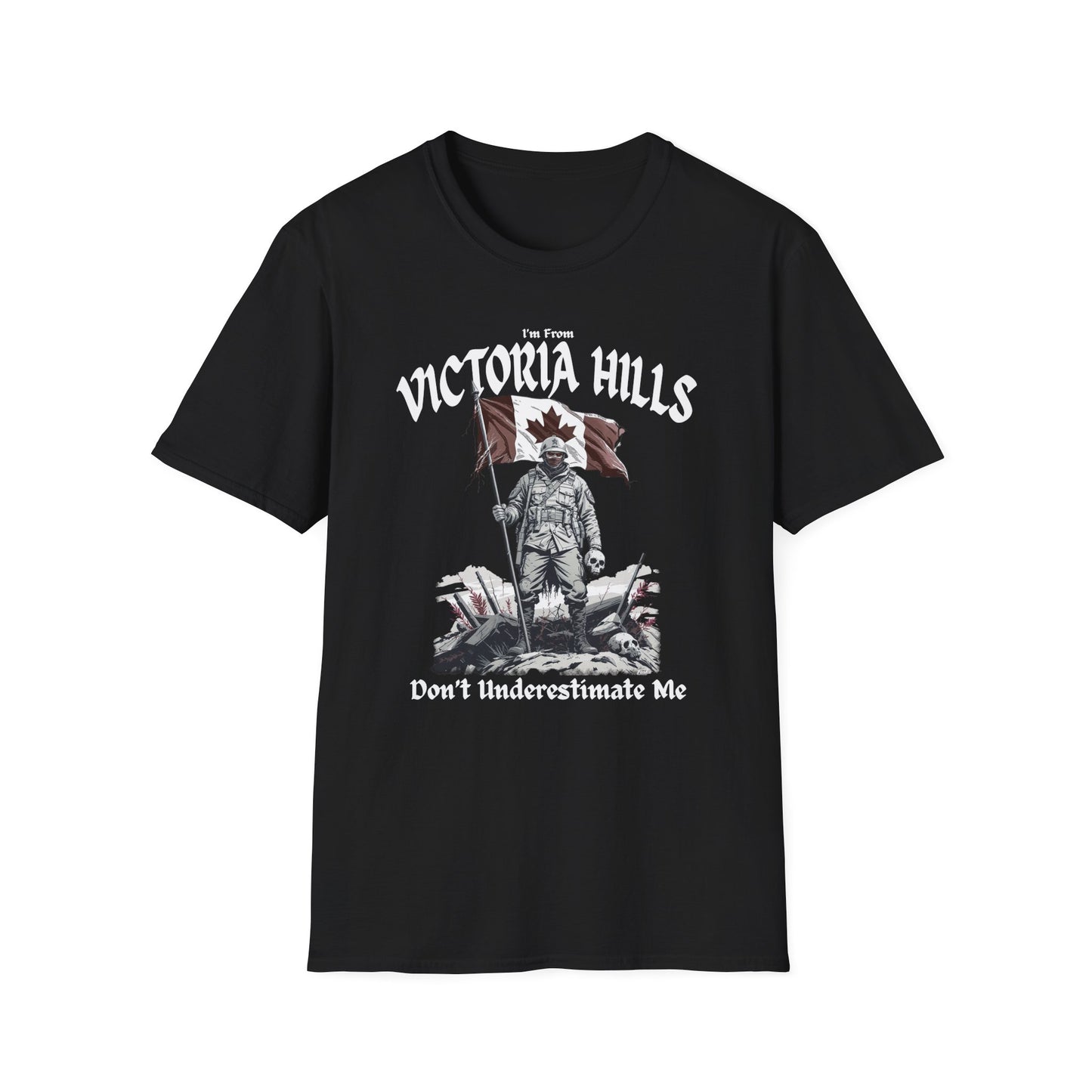 Victoria Hills Underestimate Guy T-Shirt, c03-n10-s002 Softstyle Graphic Tee, Unisex Casual Wear, Support'n Locals Merch, Gift for Community Lovers.