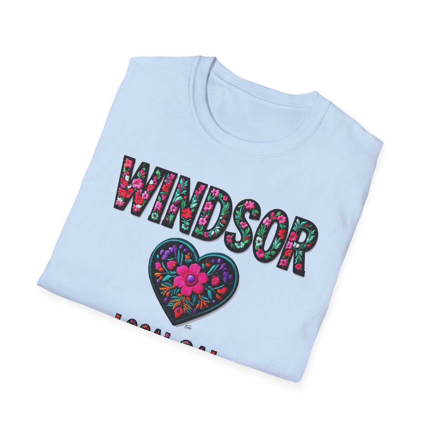 WINDSOR Local Gal Flower-Heart T-Shirt, c01-n00-s005 Softstyle Graphic Tee, Unisex Casual Wear, Support Local Merch, Gift for Community Lovers, Finkz WINDSOR