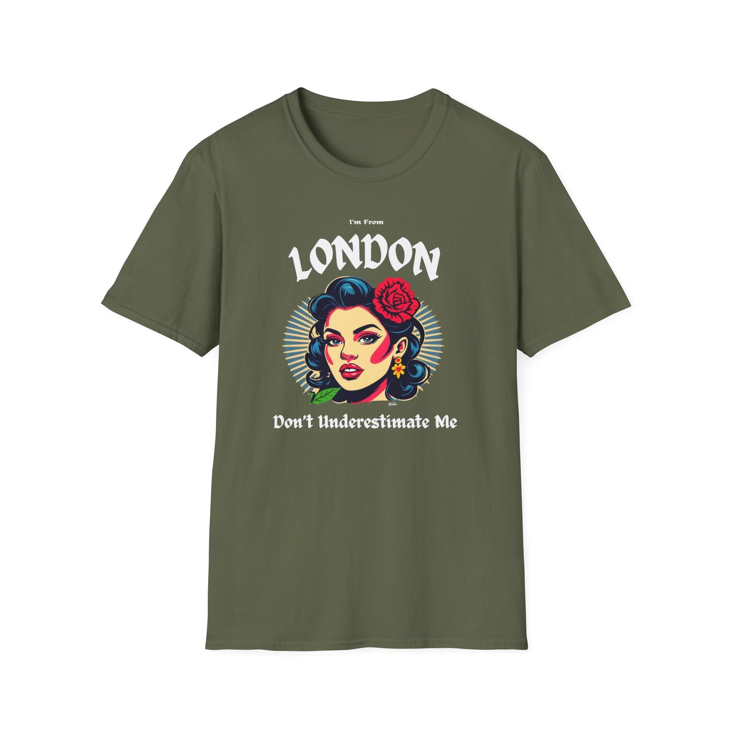 London Underestimate Gal T-Shirt, c002-n00-s001 Softstyle Graphic Tee, Unisex Casual Wear, Support'n Locals Merch, Gift for Community Lovers.