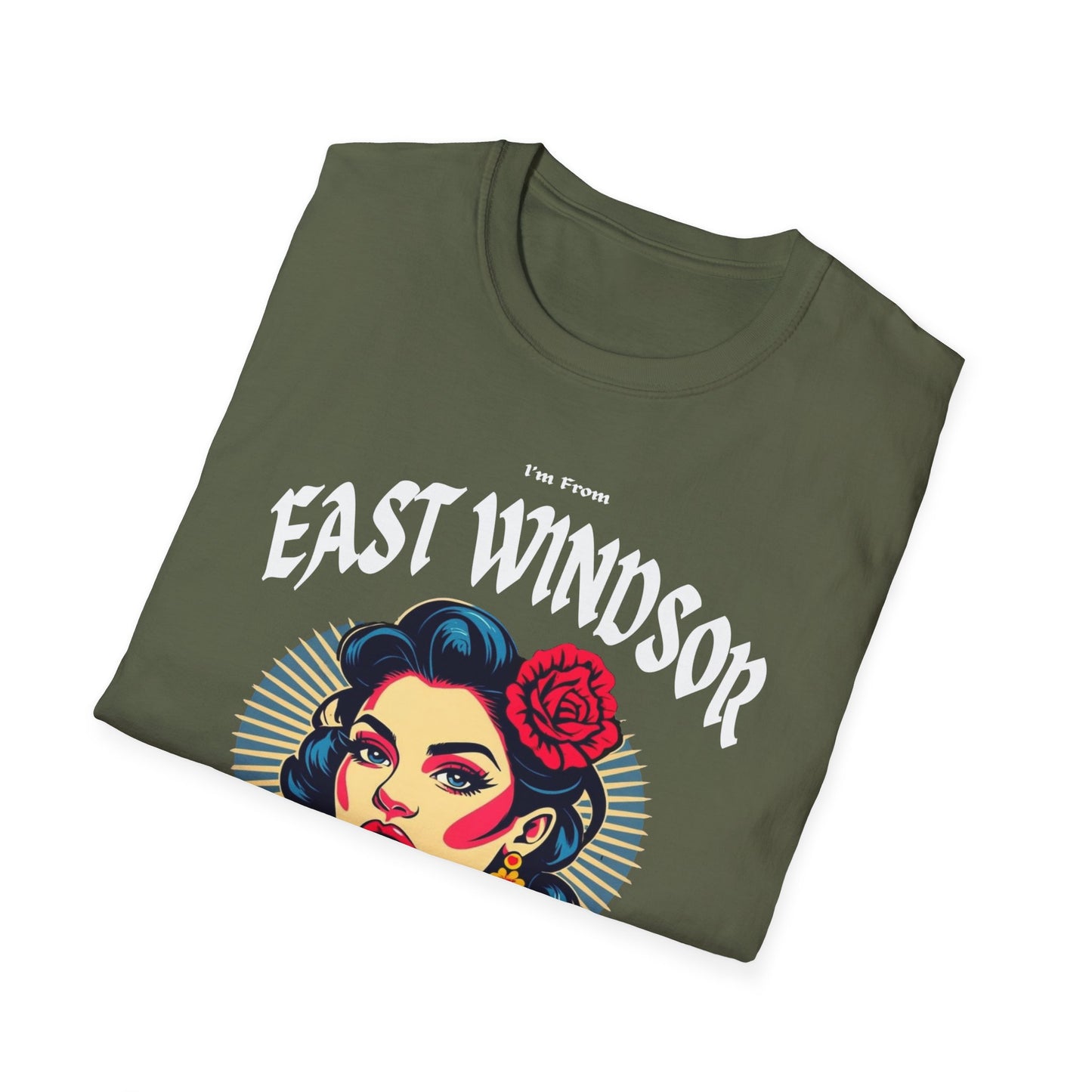East Windsor Underestimate Gal T-Shirt, c01-n02-s001 Softstyle Graphic Tee, Unisex Casual Wear, Support'n Locals Merch, Gift for Community Lovers.