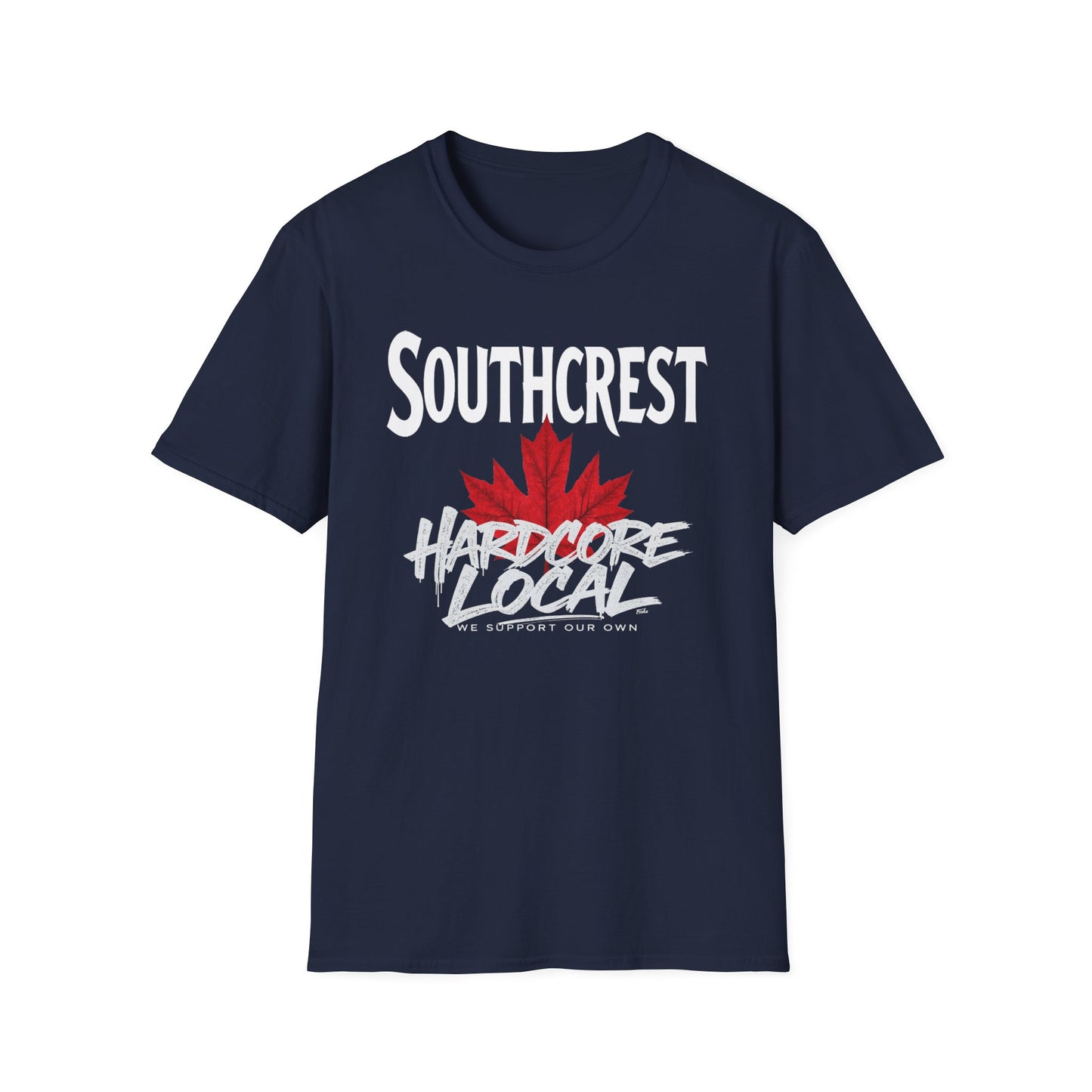 Southcrest Hardcore We Support Our Own Red Leaf T-Shirt, c02-n07-s006 Softstyle Graphic Tee, Unisex Casual Wear, Support'n Locals Merch, Gift for Community Lovers.