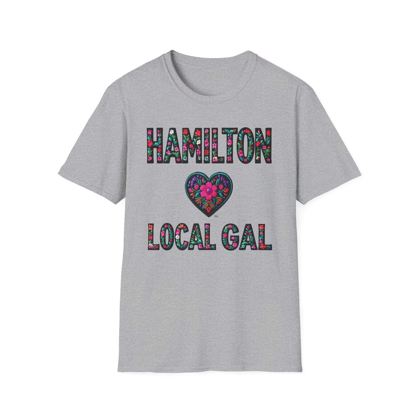 Hamilton Local Gal Flower-Heart T-Shirt, c04-n00-s005 Softstyle Graphic Tee, Unisex Casual Wear, Support Local Merch, Gift for Community Lovers, Finkz WINDSOR