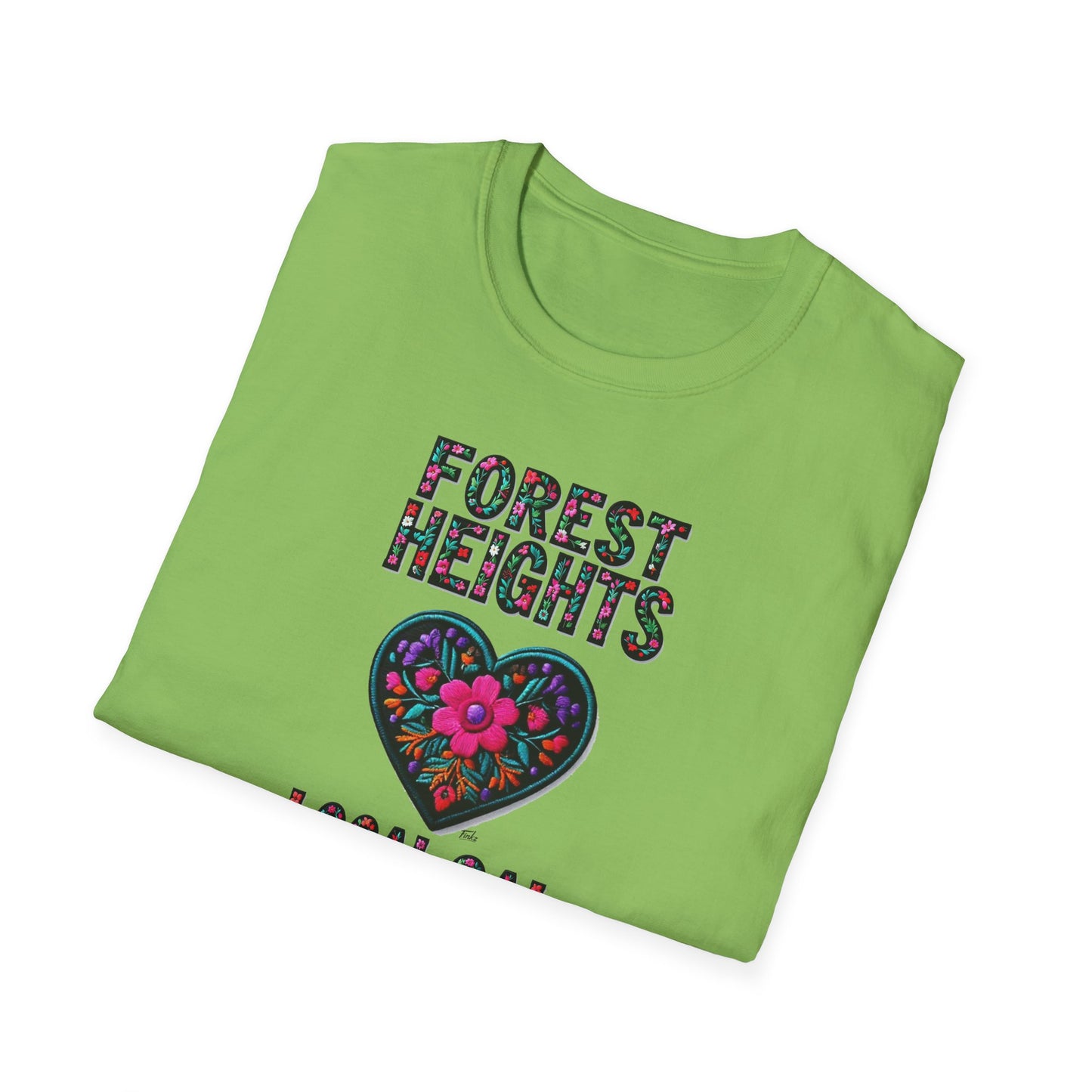 Forest Heights Local Gal Flower-Heart T-Shirt, c03-n03-s05  Softstyle Graphic Tee, Unisex Casual Wear, Support Local Merch, Gift for Community Lovers, Finkz WINDSOR