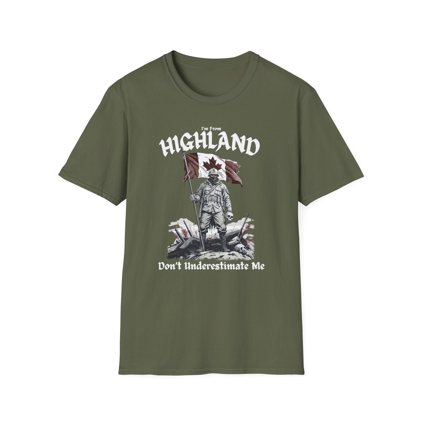 Highland Underestimate Guy T-Shirt, c02-n05-s002 Softstyle Graphic Tee, Unisex Casual Wear, Support'n Locals Merch, Gift for Community Lovers.