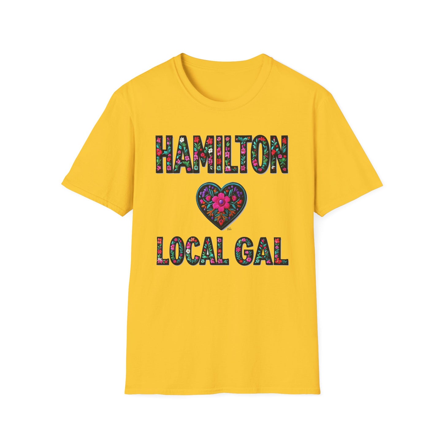 Hamilton Local Gal Flower-Heart T-Shirt, c04-n00-s005 Softstyle Graphic Tee, Unisex Casual Wear, Support Local Merch, Gift for Community Lovers, Finkz WINDSOR