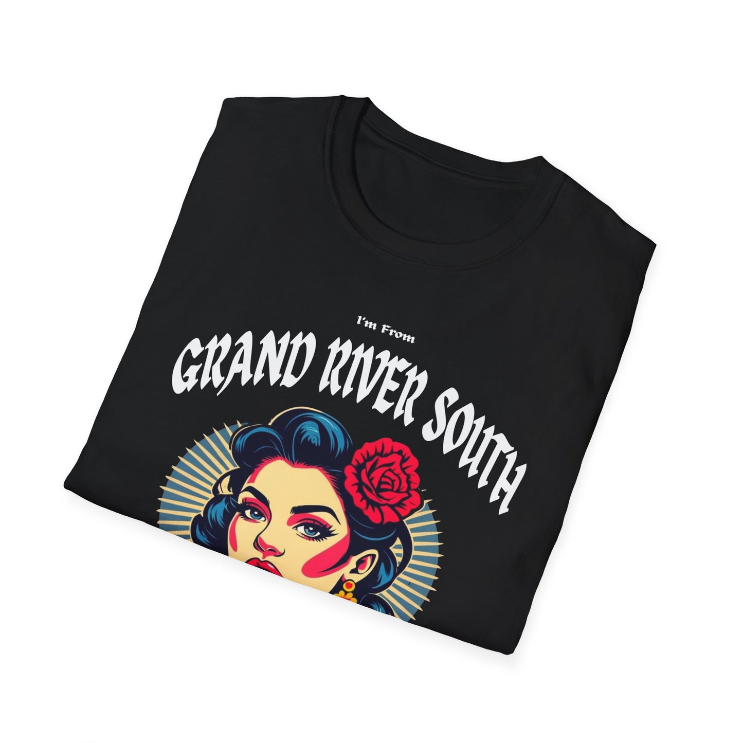 Grand River South Underestimate Gal T-Shirt, c03-n04-s001 Softstyle Graphic Tee, Unisex Casual Wear, Support'n Locals Merch, Gift for Community Lovers.
