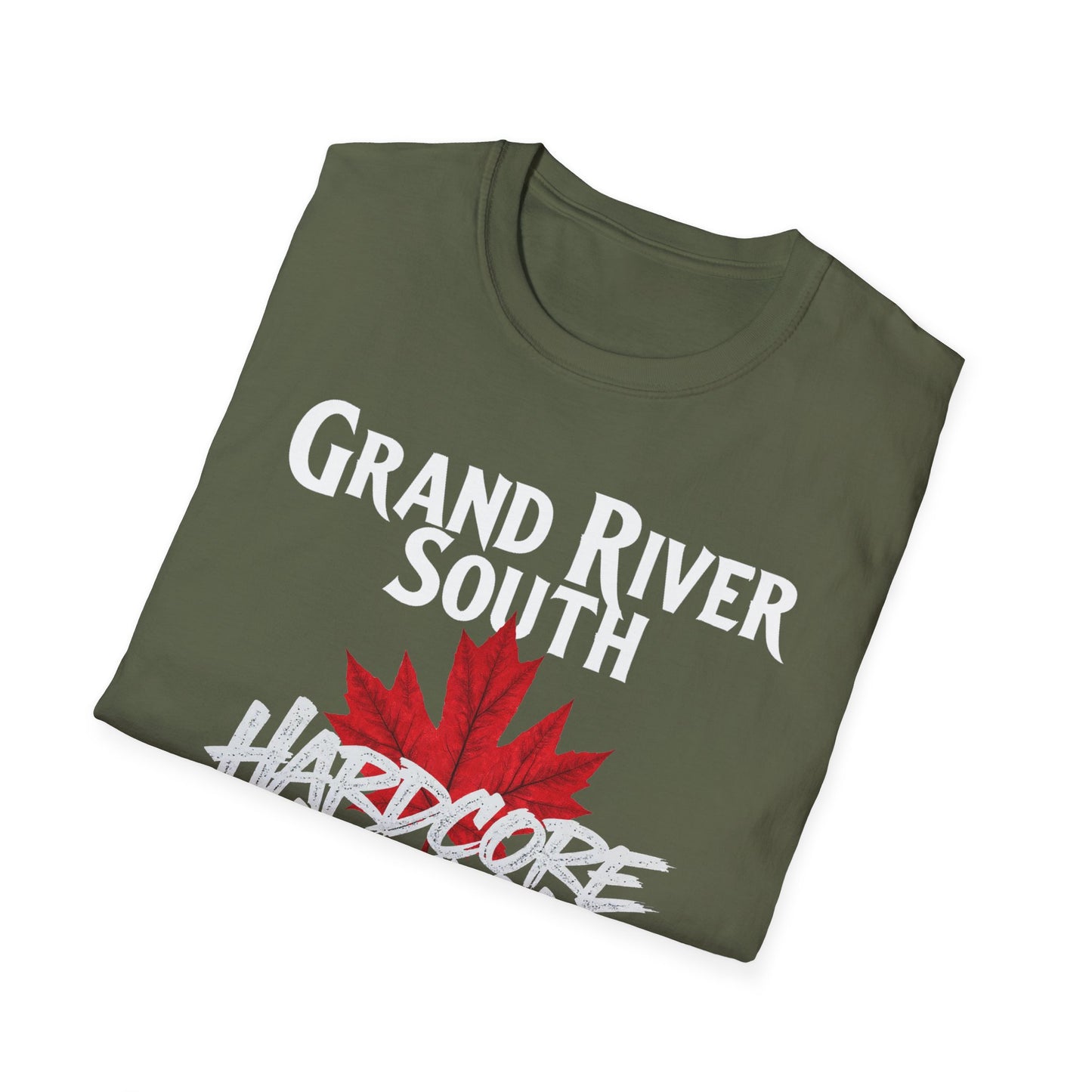 Grand River South Hardcore We Support Our Own Red Leaf T-Shirt, c03-n04-s006 Softstyle Graphic Tee, Unisex Casual Wear, Support'n Locals Merch, Gift for Community Lovers.