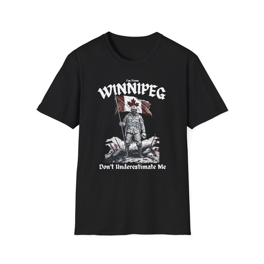 Winnipeg Underestimate Guy T-Shirt, c09-n00-s002 Softstyle Graphic Tee, Unisex Casual Wear, Support'n Locals Merch, Gift for Community Lovers.