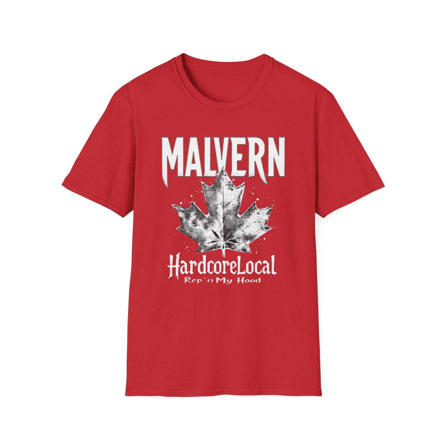 Malvern Hardcore Rep'n White Leaf T-Shirt, c006-n04-s007 Softstyle Graphic Tee, Unisex Casual Wear, Support'n Locals Merch, Gift for Community Lovers.