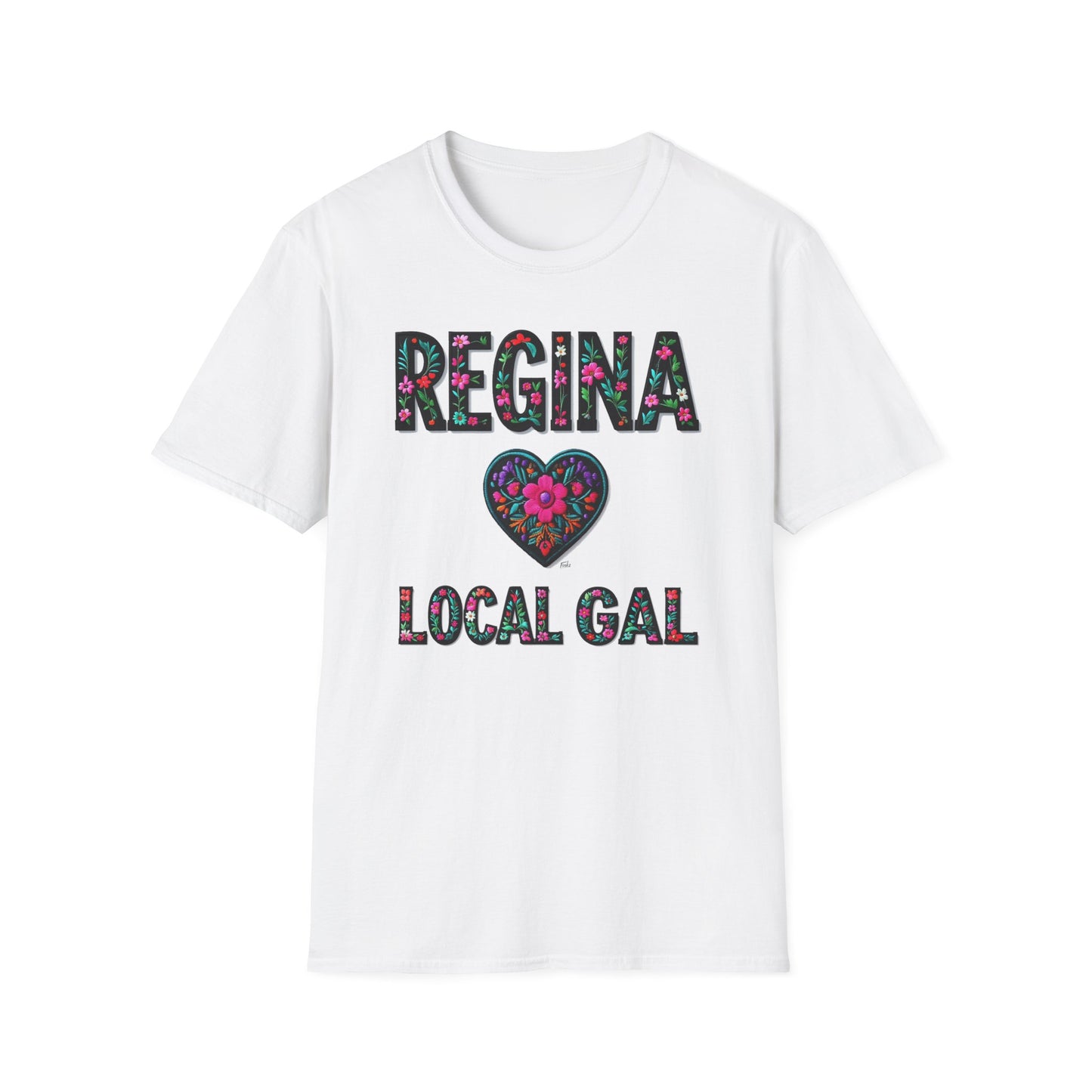 Regina Local Gal Flower-Heart T-Shirt, c10-n00-s005 Softstyle Graphic Tee, Unisex Casual Wear, Support Local Merch, Gift for Community Lovers, Finkz WINDSOR