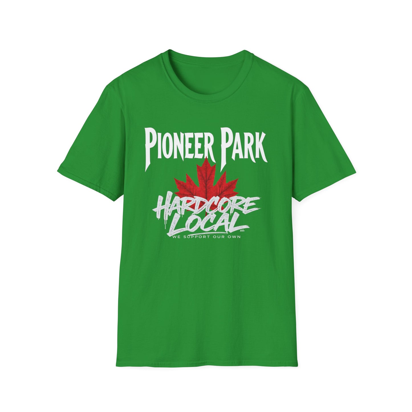 Pioneer Park Hardcore We Support Our Own Red Leaf T-Shirt, c03-n08-s006 Softstyle Graphic Tee, Unisex Casual Wear, Support'n Locals Merch, Gift for Community Lovers.