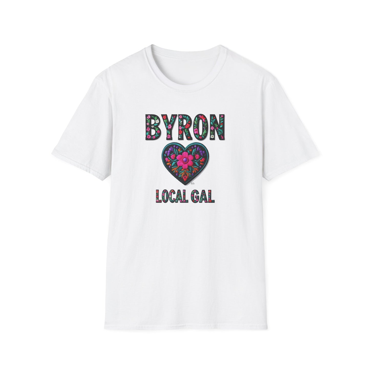 Byron Local Gal Flower-Heart T-Shirt, c02-n02-s05  Softstyle Graphic Tee, Unisex Casual Wear, Support Local Merch, Gift for Community Lovers, Finkz WINDSOR