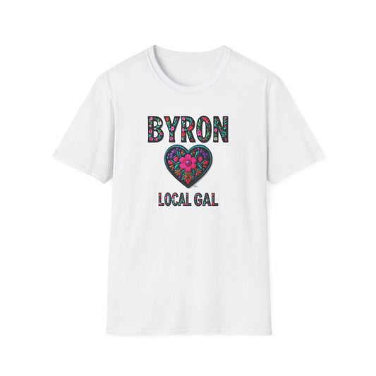 Byron Local Gal Flower-Heart T-Shirt, c02-n02-s05  Softstyle Graphic Tee, Unisex Casual Wear, Support Local Merch, Gift for Community Lovers, Finkz WINDSOR