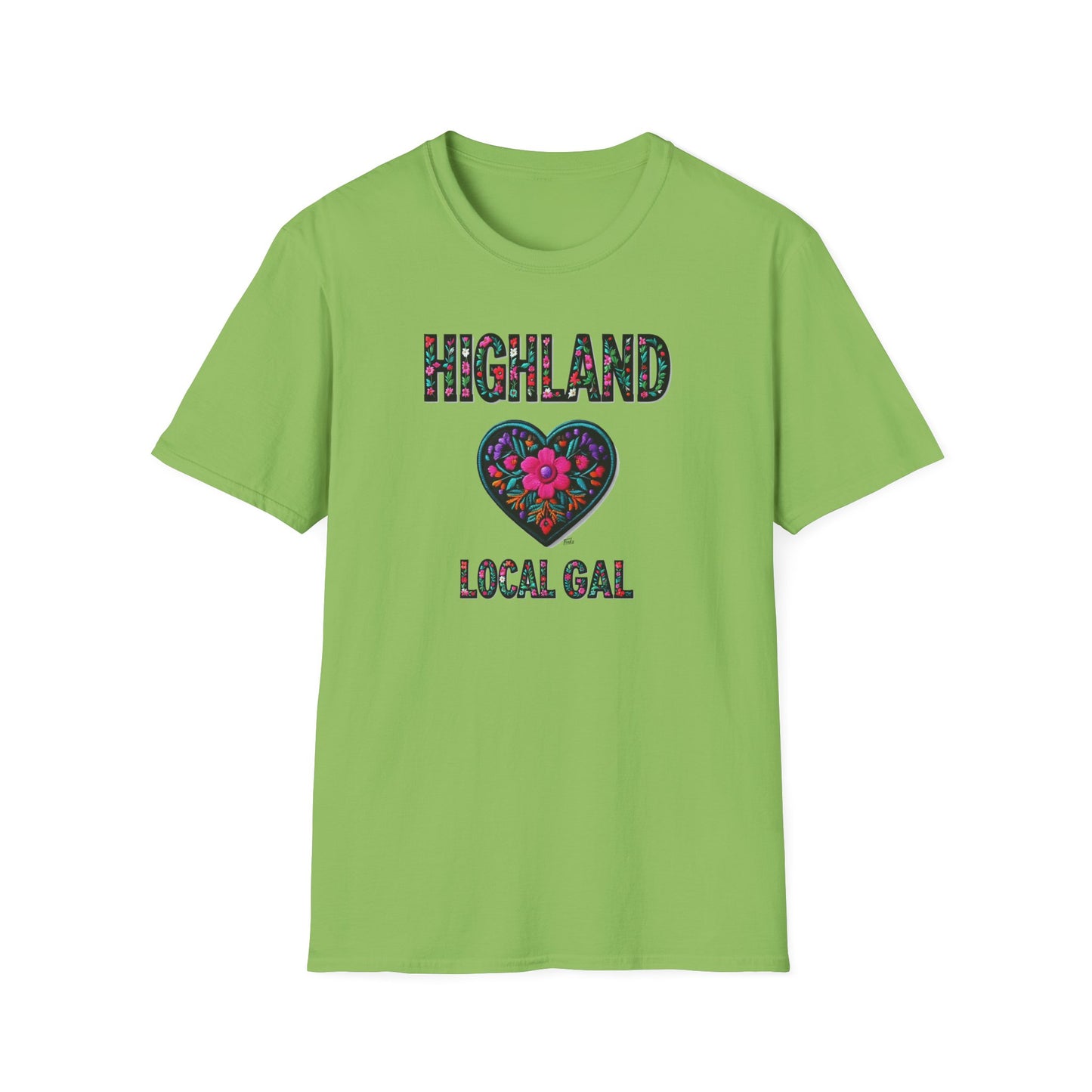 Highland Local Gal Flower-Heart T-Shirt, c02-n05-s05  Softstyle Graphic Tee, Unisex Casual Wear, Support Local Merch, Gift for Community Lovers, Finkz WINDSOR