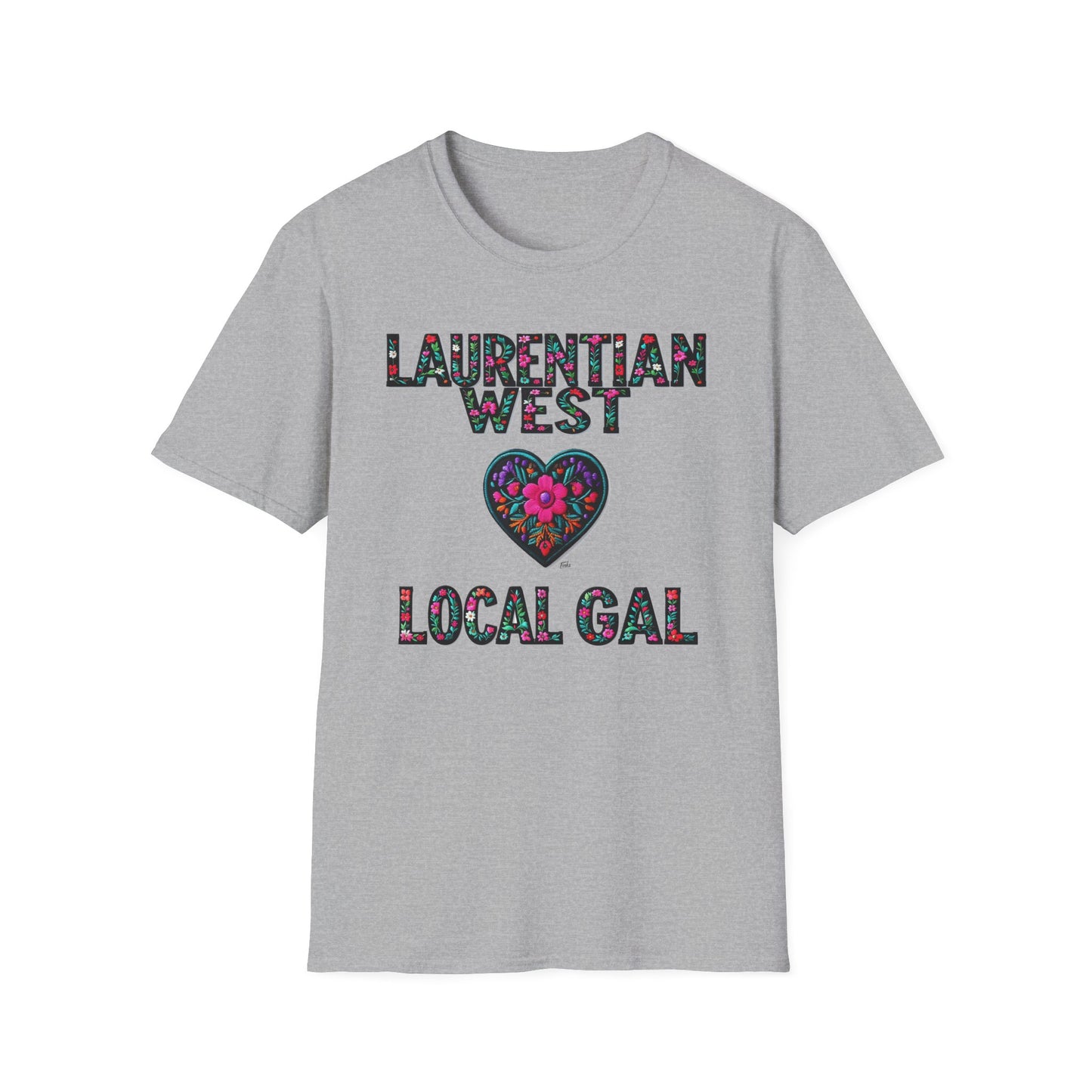Laurentian West Local Gal Flower-Heart T-Shirt, c03-n01-s005 Softstyle Graphic Tee, Unisex Casual Wear, Support Local Merch, Gift for Community Lovers, Finkz WINDSOR