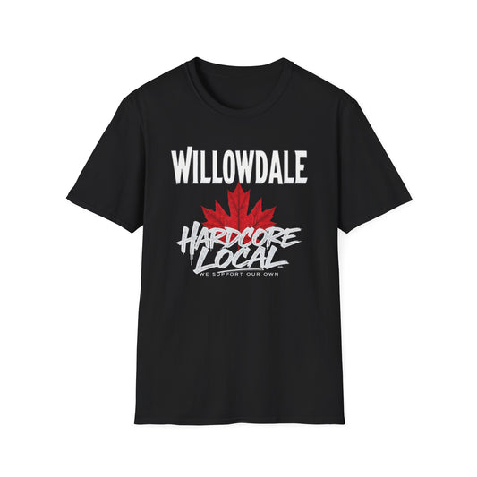 Willowdale Hardcore We Support Our Own Red Leaf T-Shirt, c06-n05-s006 Softstyle Graphic Tee, Unisex Casual Wear, Support'n Locals Merch, Gift for Community Lovers.
