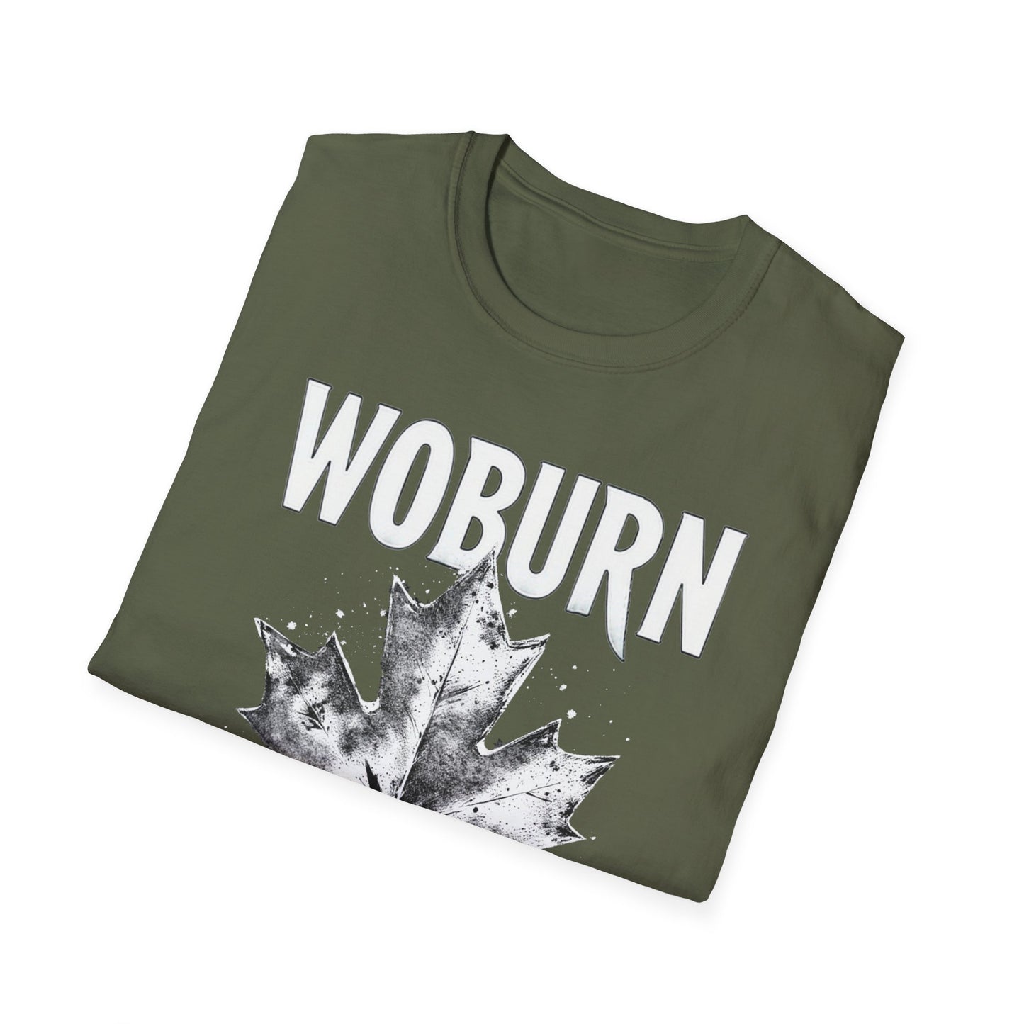 Woburn Hardcore Rep'n White Leaf T-Shirt, c006-n06-s007 Softstyle Graphic Tee, Unisex Casual Wear, Support'n Locals Merch, Gift for Community Lovers.
