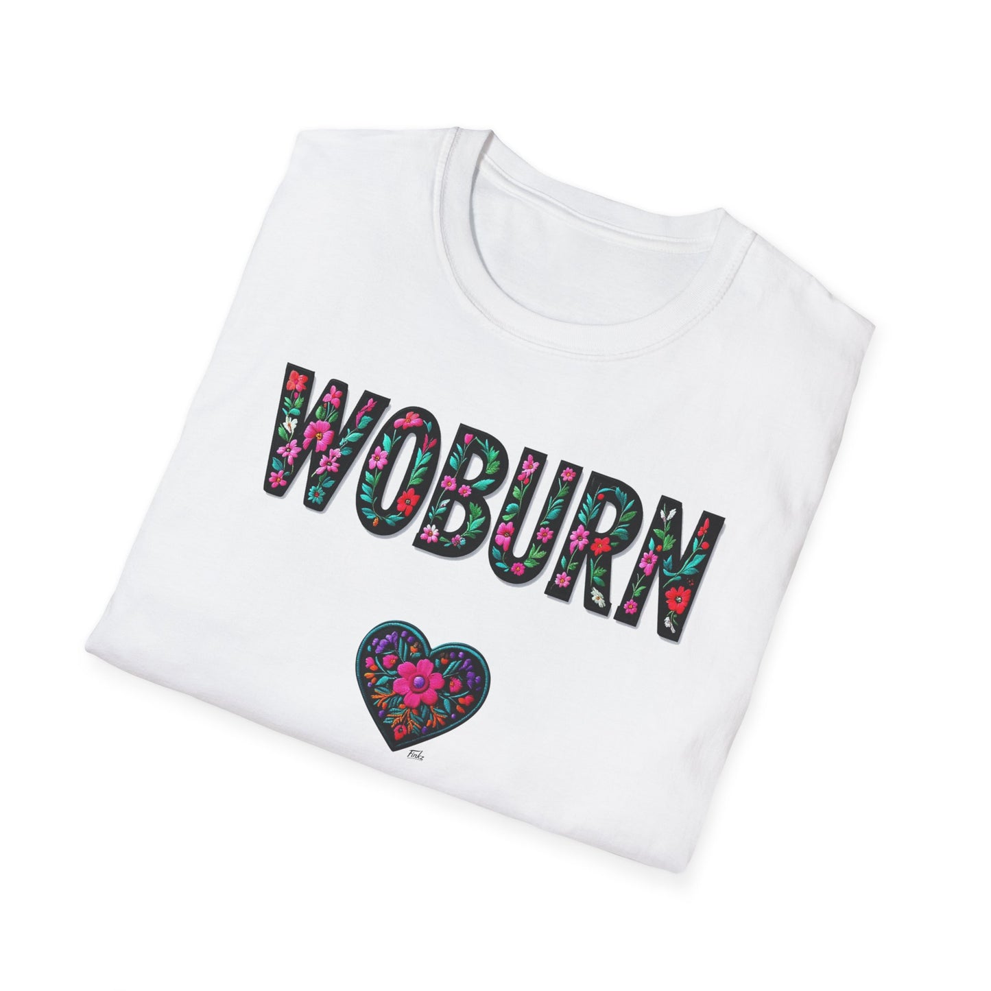 Woburn Local Gal Flower-Heart T-Shirt, c06-n06-s005 Softstyle Graphic Tee, Unisex Casual Wear, Support Local Merch, Gift for Community Lovers, Finkz WINDSOR