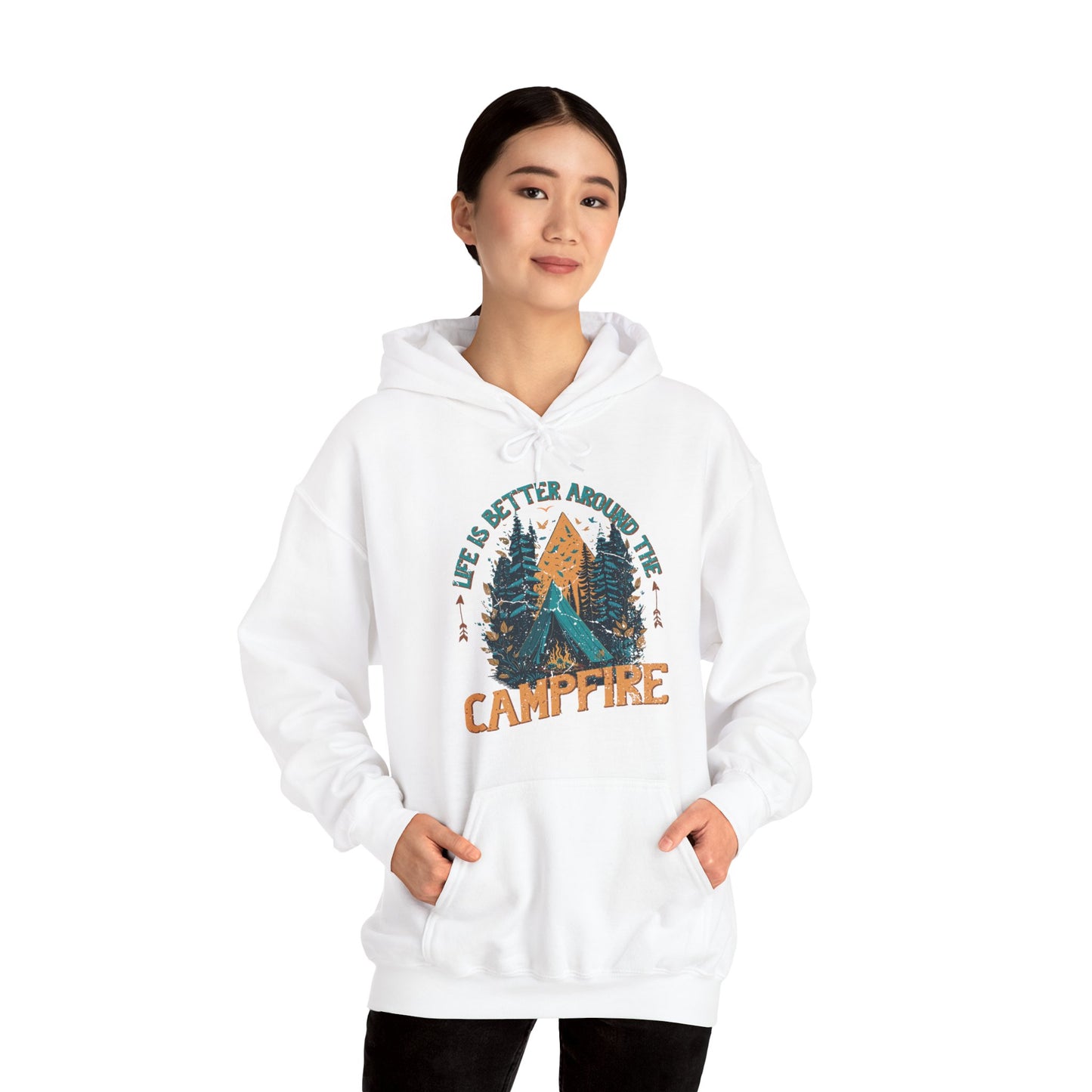 Life Is Better Around The Campfire Hoodie | HappyCamperCrew.Com 100% Authentic | Cozy Camping Hoodie | Unisex Hooded Sweatshirt for Nature Lovers, Casual Wear, Gift for Him/Her, Outdoor Adventures, Cozy Days & Warm Nights by the Campfire