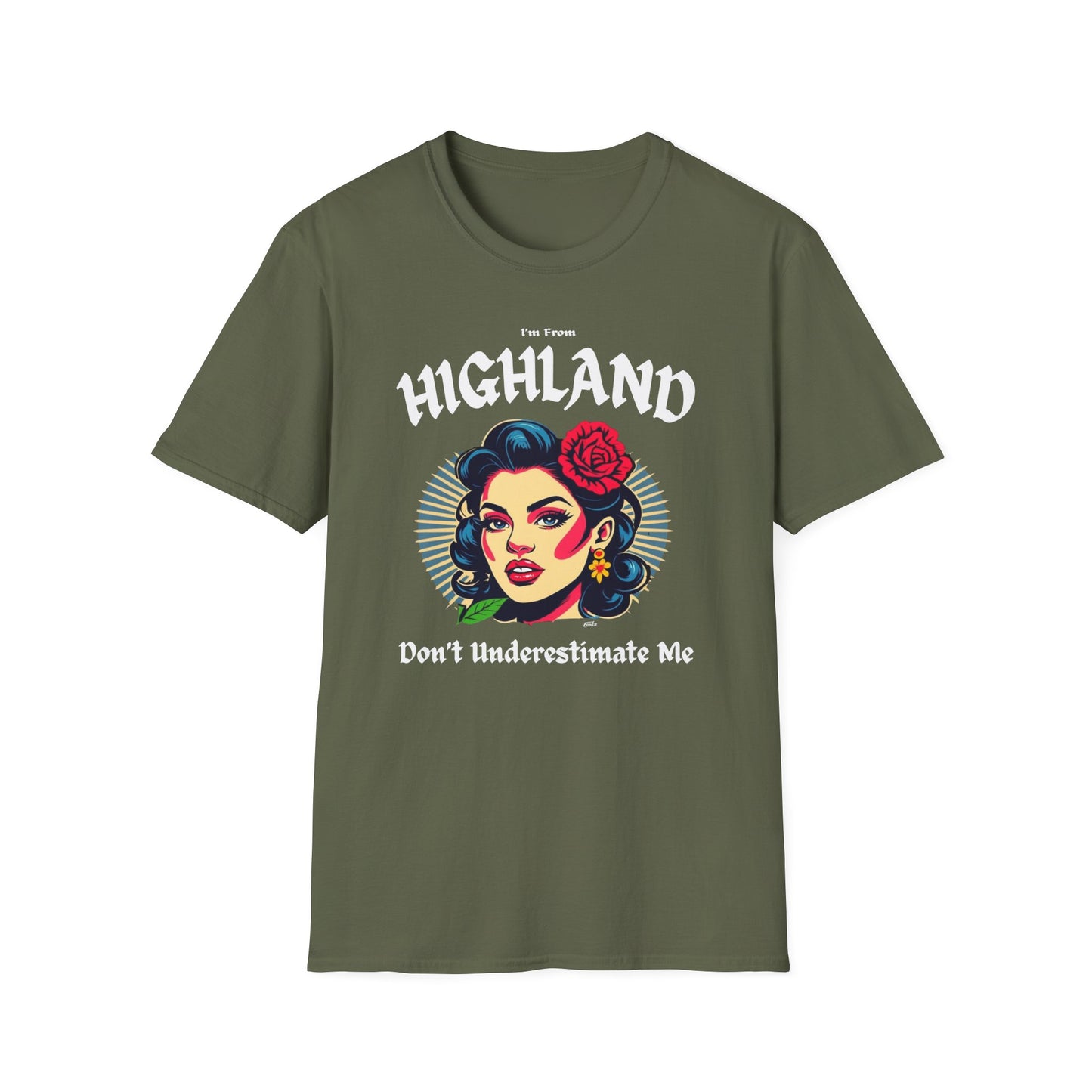 Highland Underestimate Gal T-Shirt, c02-n05-s001 Softstyle Graphic Tee, Unisex Casual Wear, Support'n Locals Merch, Gift for Community Lovers.