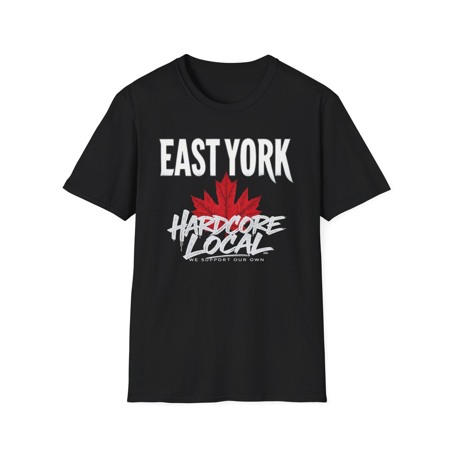 East York Hardcore We Support Our Own Red Leaf T-Shirt, c06-n02-s006 Softstyle Graphic Tee, Unisex Casual Wear, Support'n Locals Merch, Gift for Community Lovers.