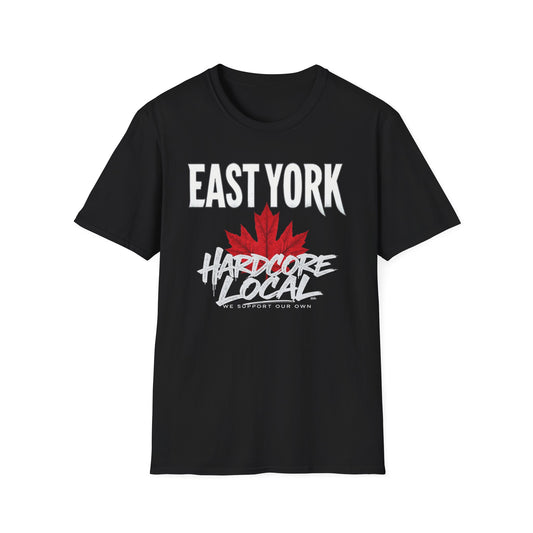 East York Hardcore We Support Our Own Red Leaf T-Shirt, c06-n02-s006 Softstyle Graphic Tee, Unisex Casual Wear, Support'n Locals Merch, Gift for Community Lovers.